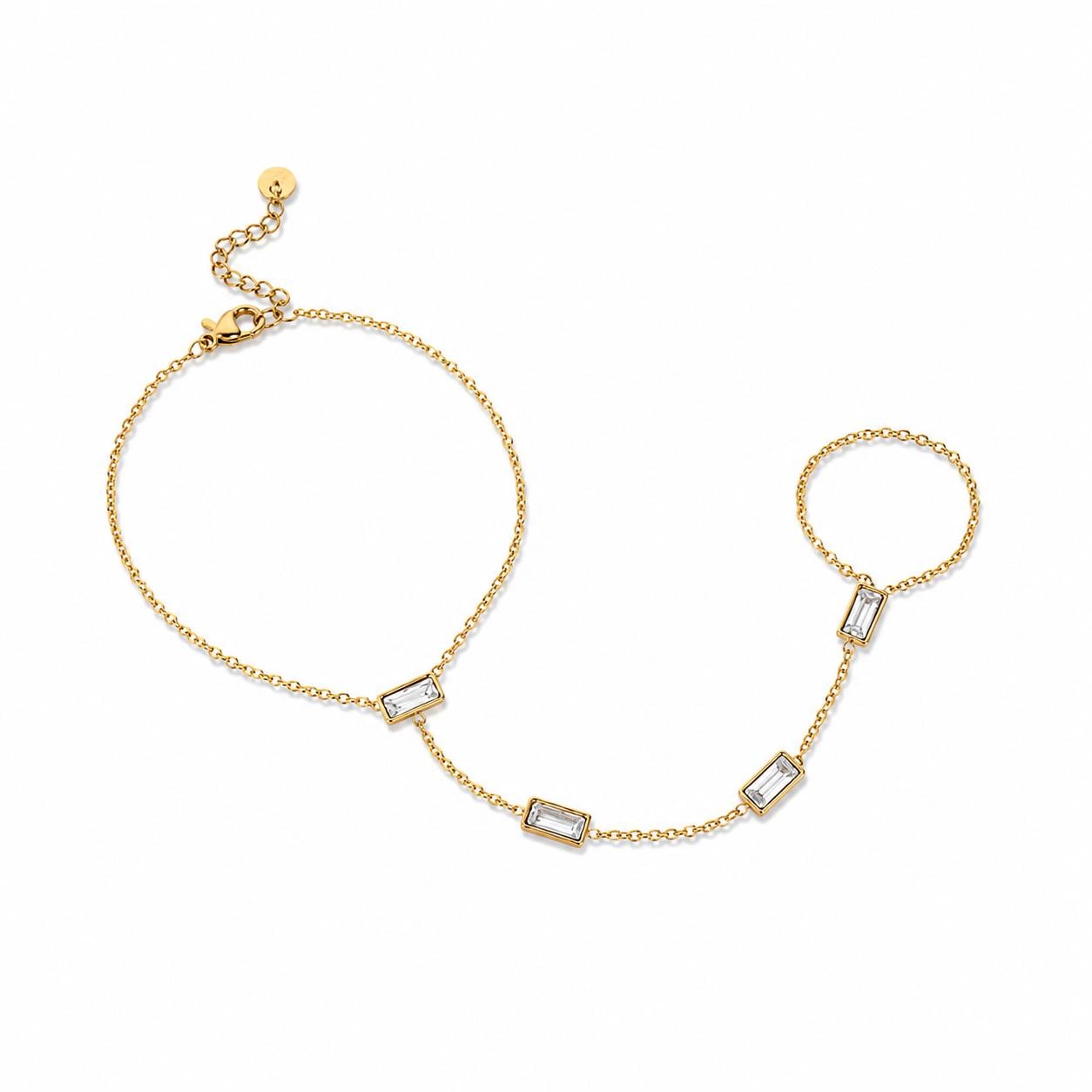 Rectangle Stone Gold Hand Chain (Ring With Bracelet)