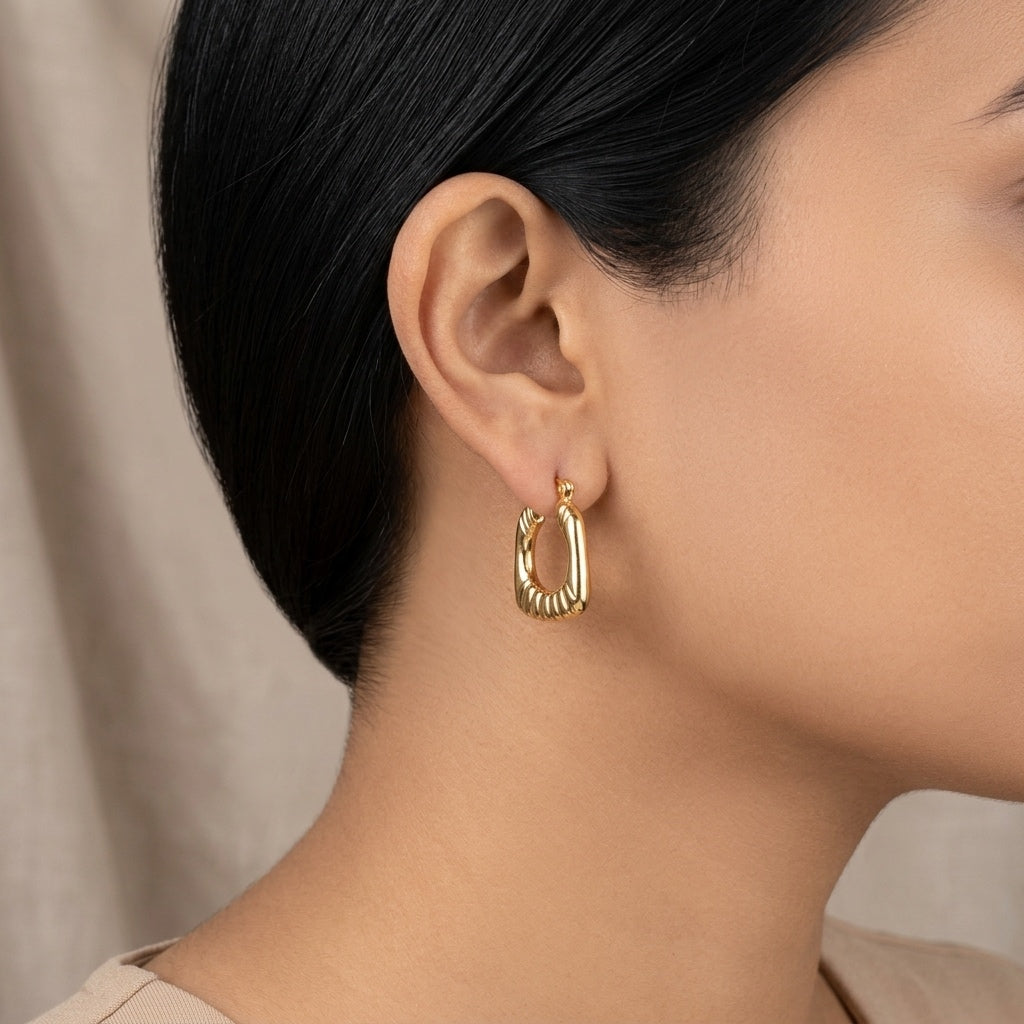 Ribbed Square Gold Earrings