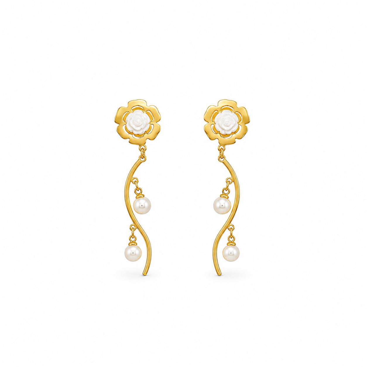 White Rose Pearl Gold Earrings
