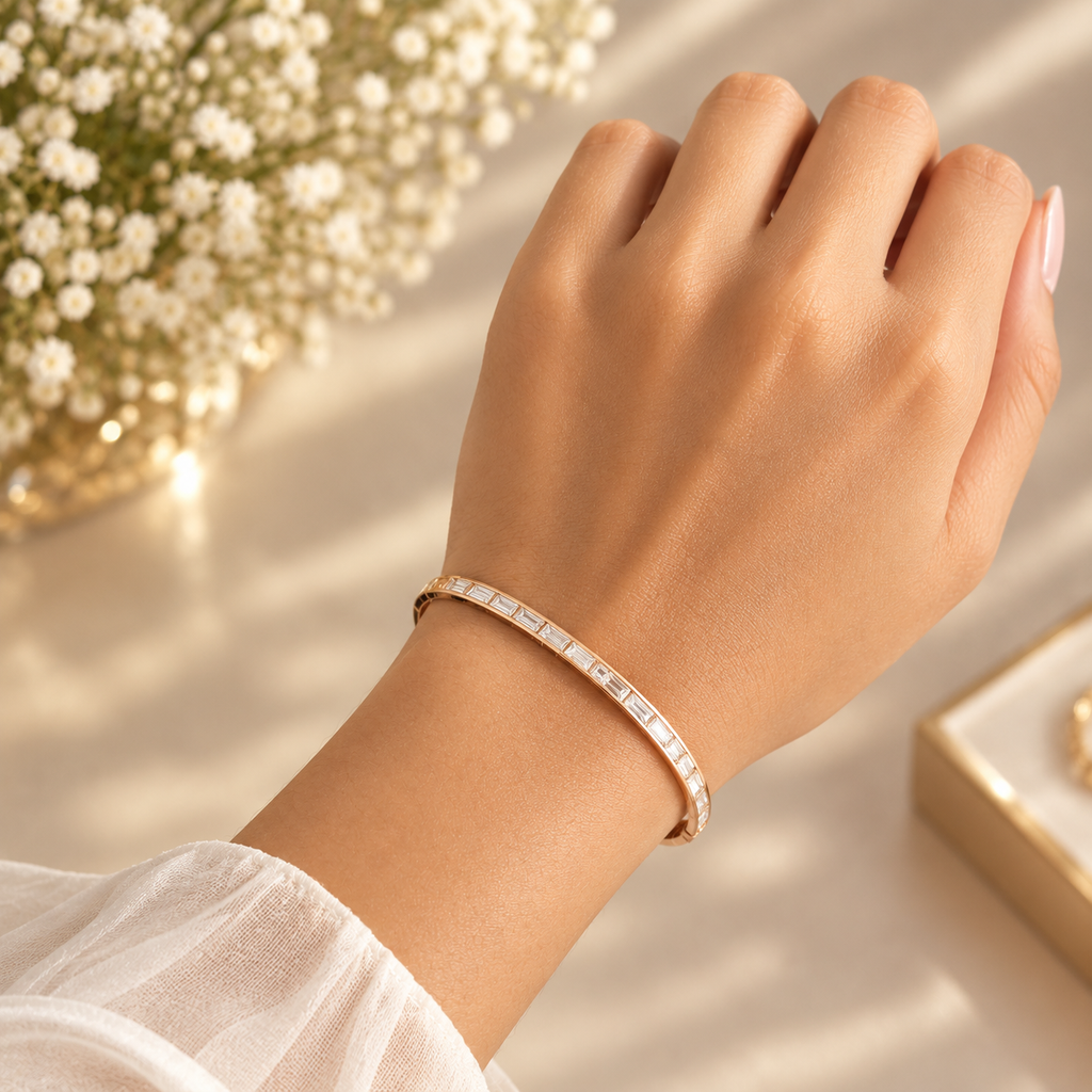 Crystal Stone Rose Gold Bangle Bracelet (Side Open)