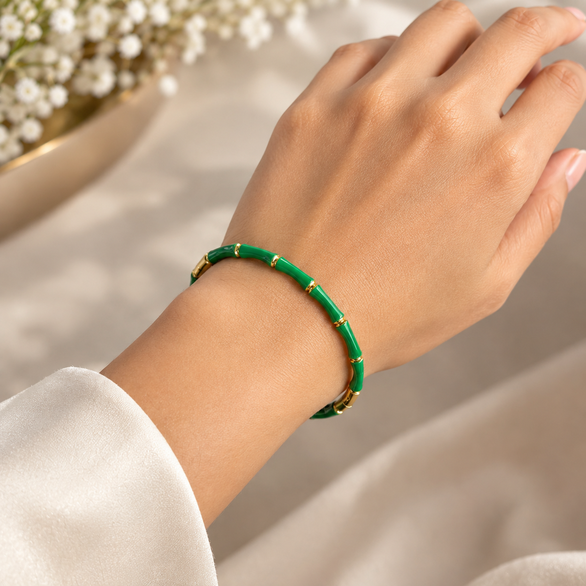 Green Bamboo Gold Bangle Bracelet (Side Open)