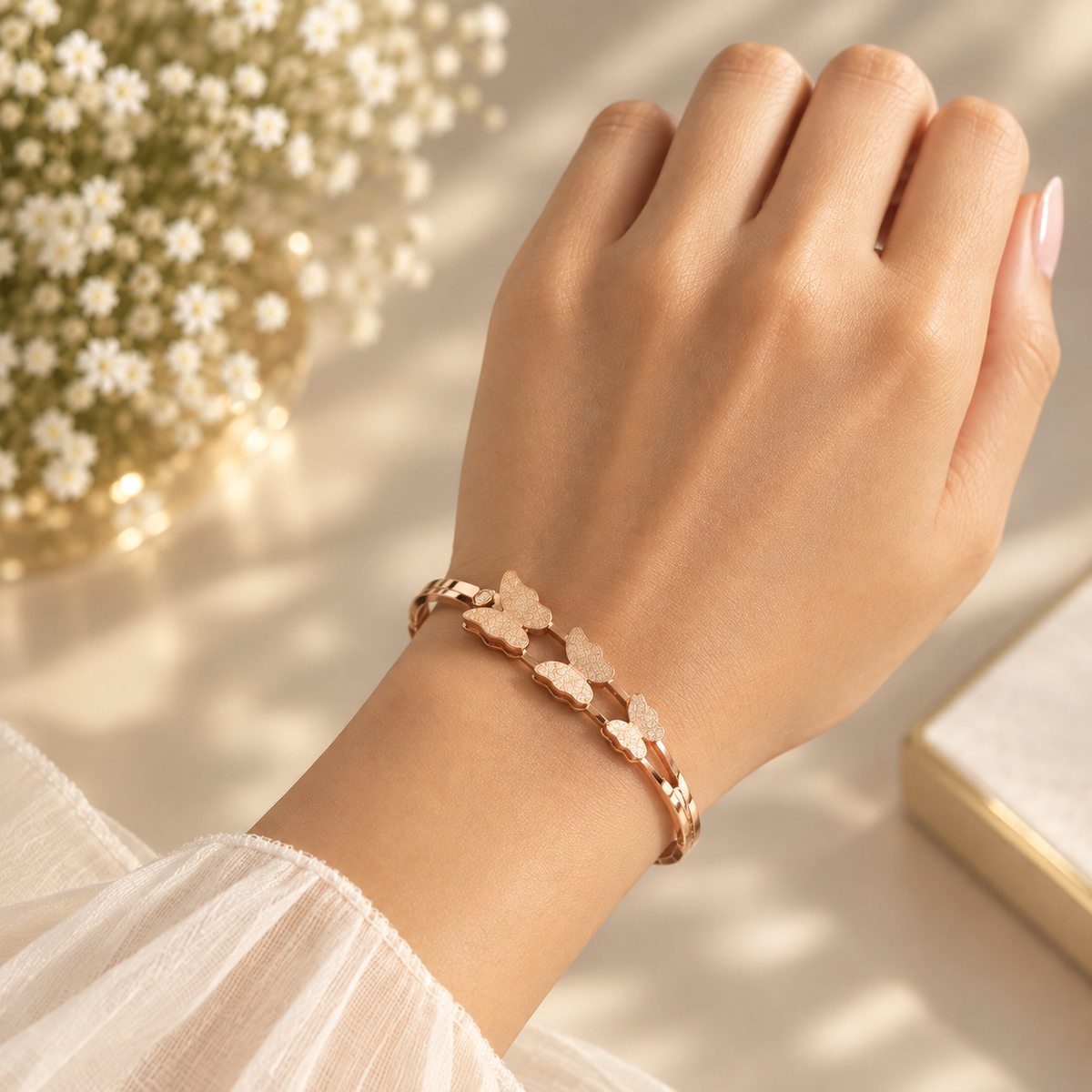 Triple Butterfly Rose Gold Bangle Bracelet (Side Open)