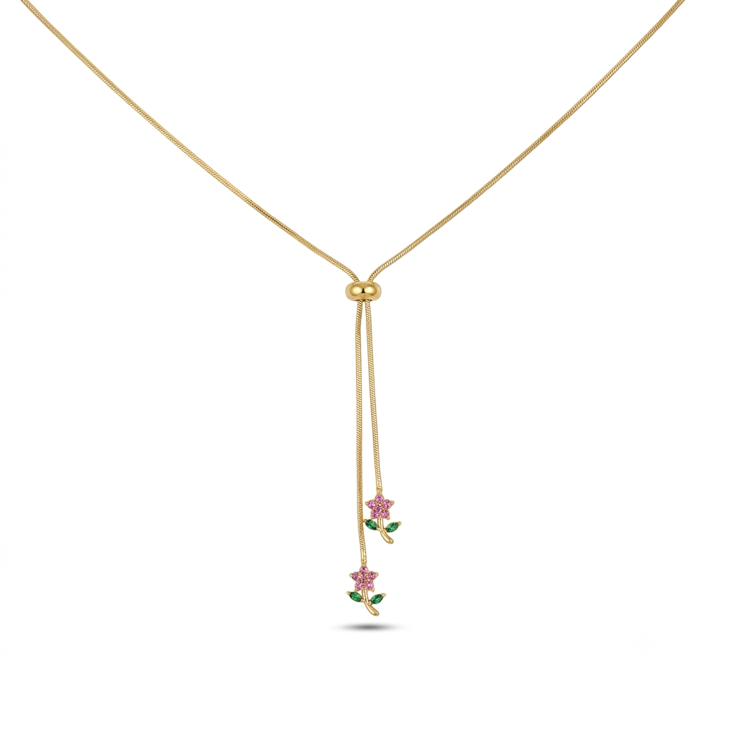 Pink Flower Adjustable Gold Necklace
