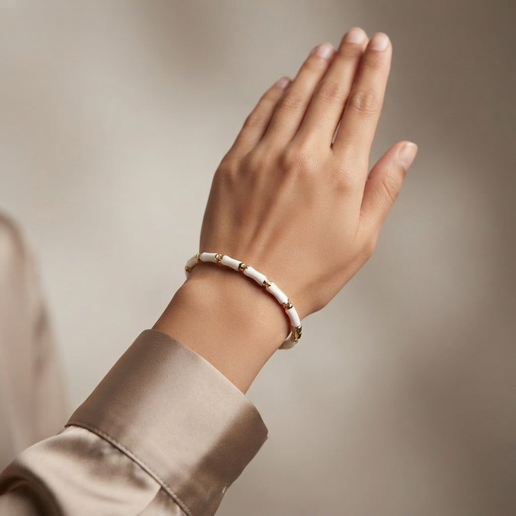 White Bamboo Gold Bangle Bracelet (Side Open)