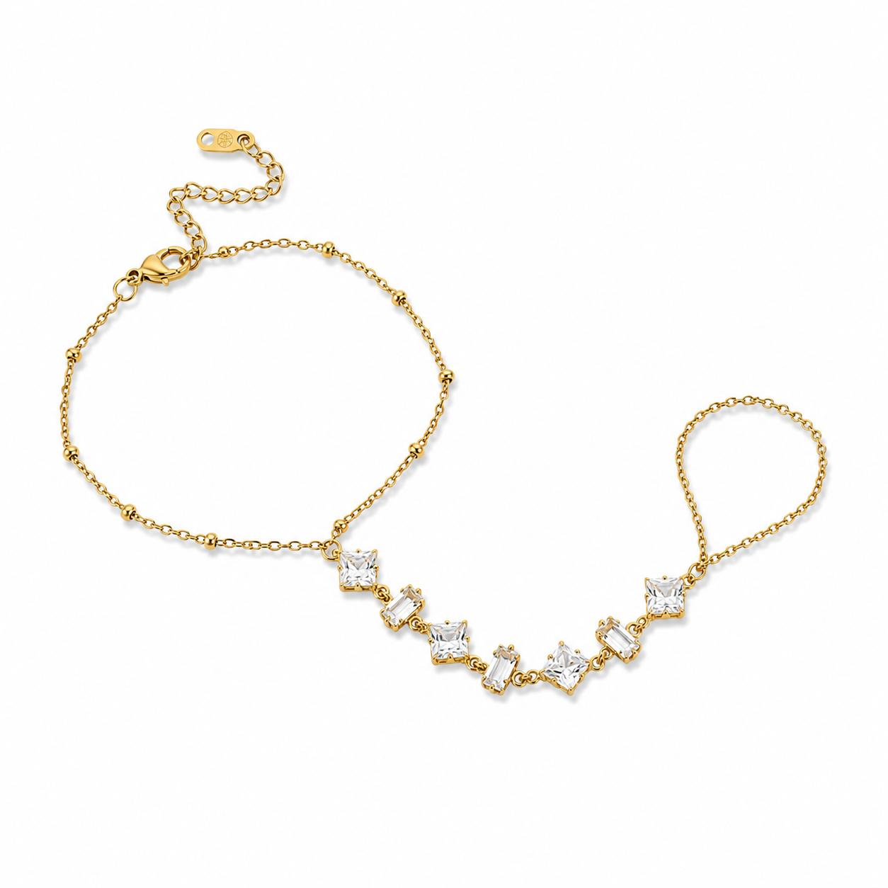 White Stone Gold Hand Chain (Ring With Bracelet)