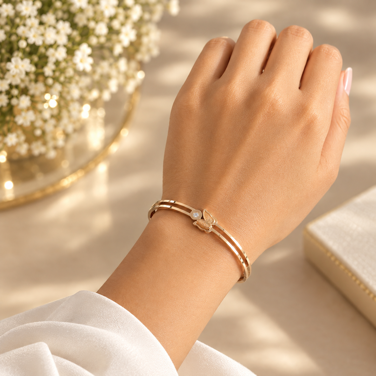 Butterfly Rose Gold Bangle Bracelet (Side Open)