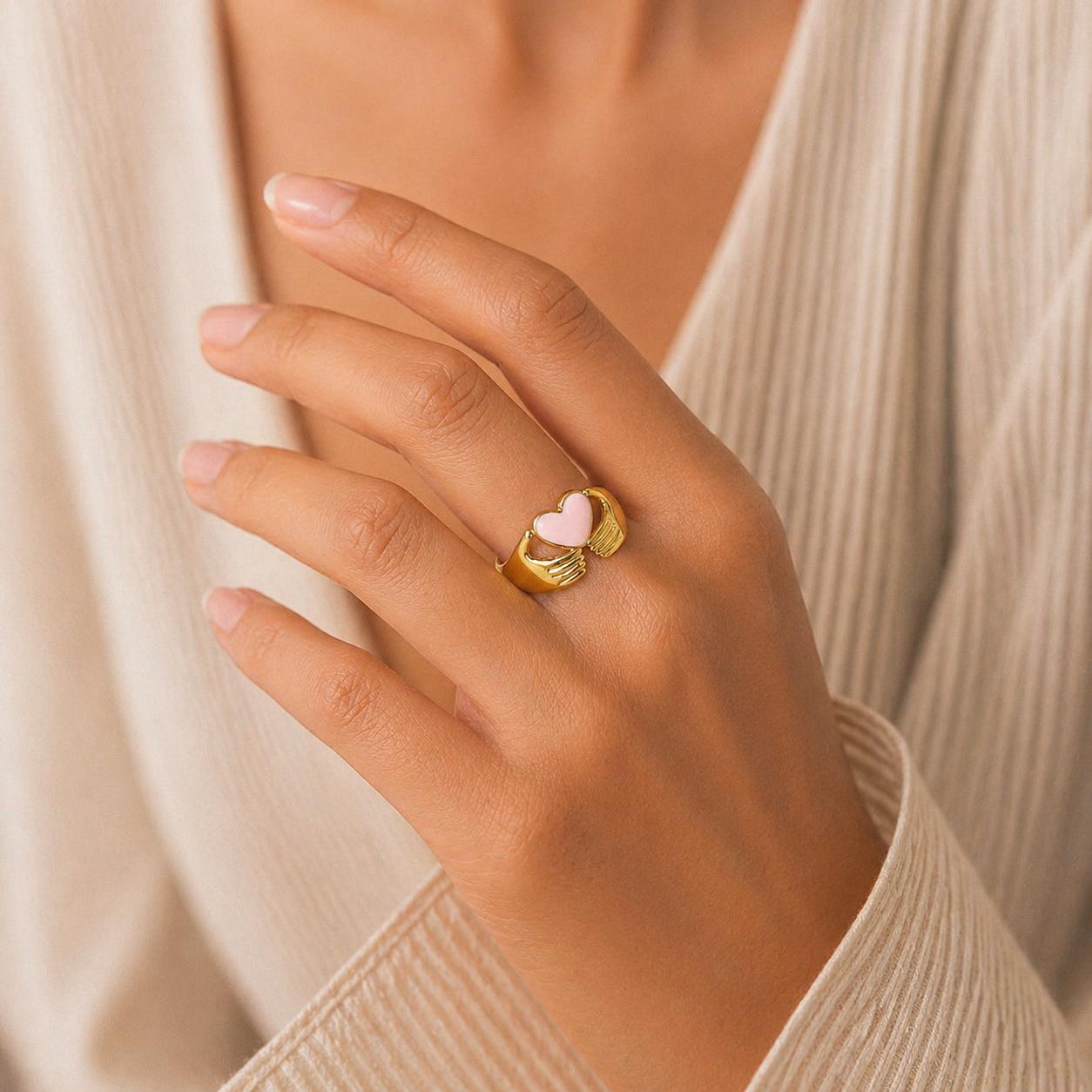 Pink Heart Gold Ring (Adjustable size)