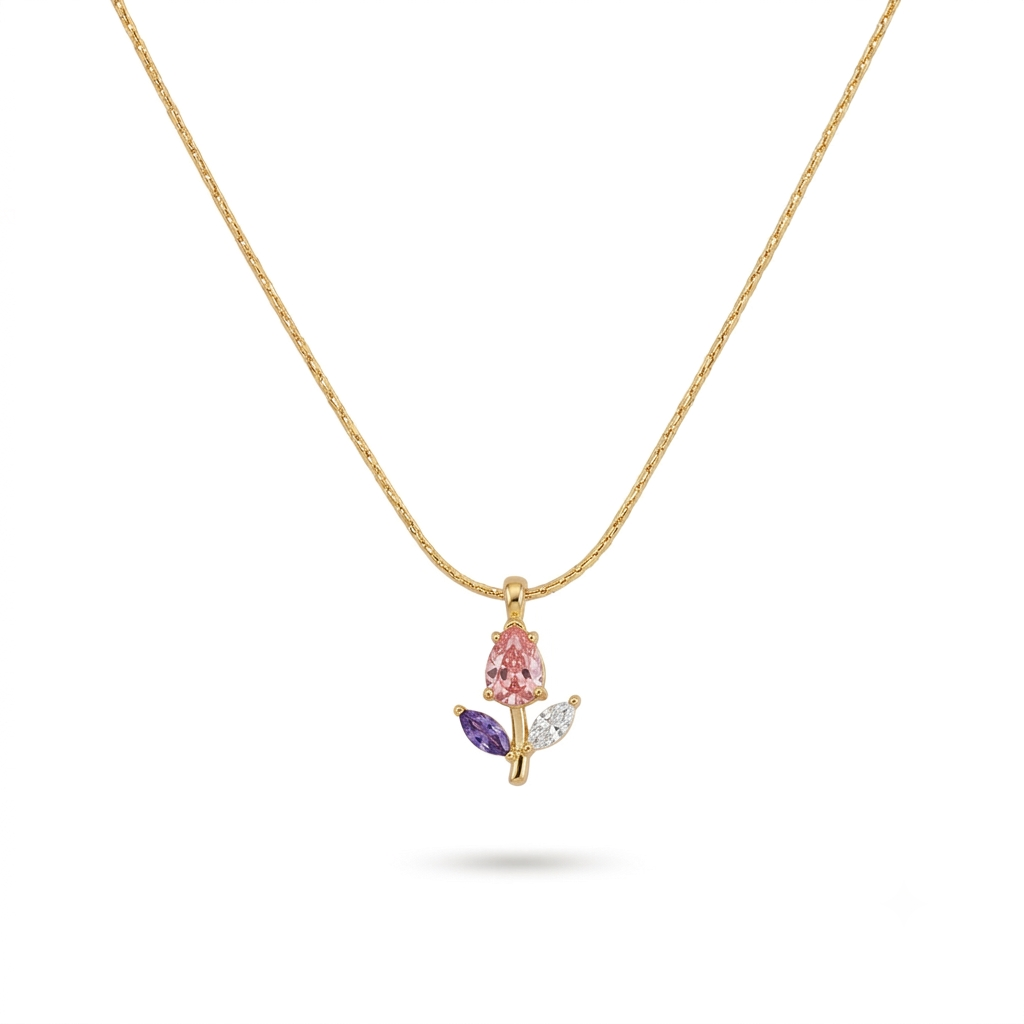 Pink & Purple Tulip Thin Gold Necklace