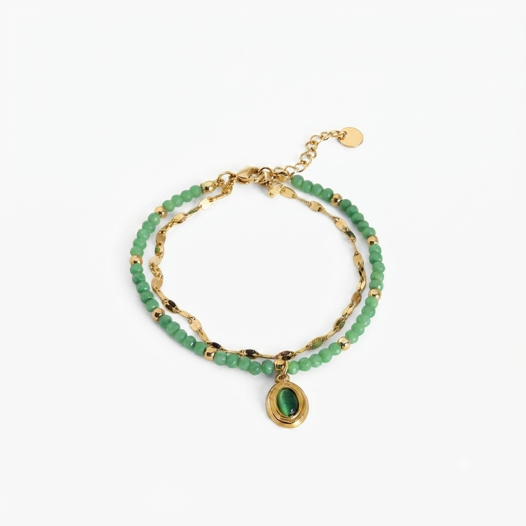 Green Charm Layered Gold Bracelet