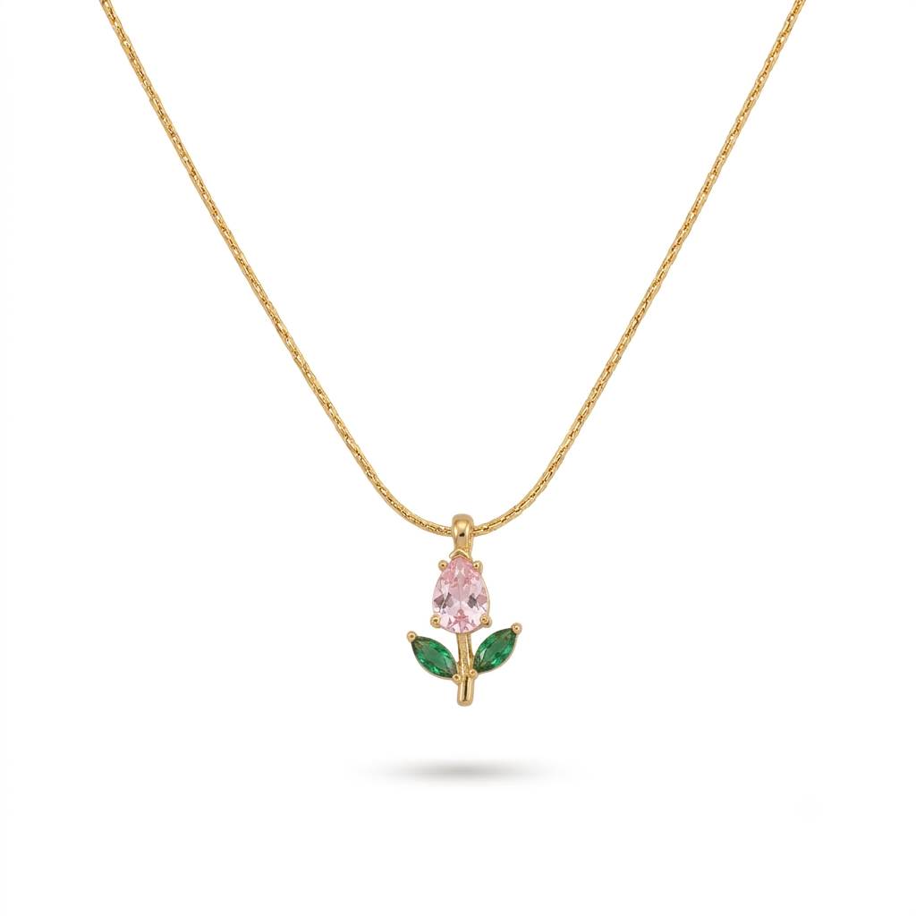 Pink Tulip Thin Gold Necklace