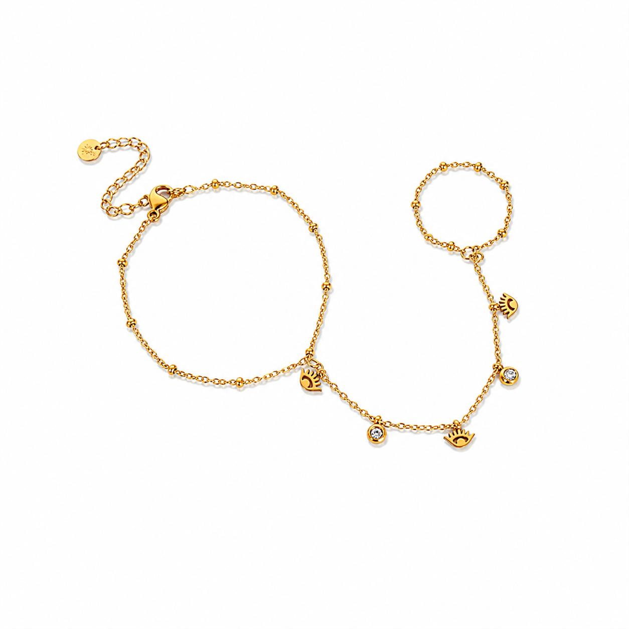 Evil Eye Stone Gold Hand Chain (Ring With Bracelet)