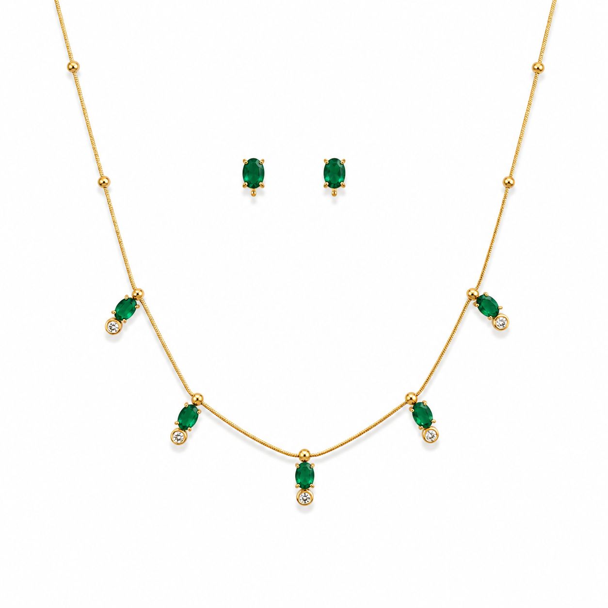 Green Stone Gold Combo Set Earrings And Necklace