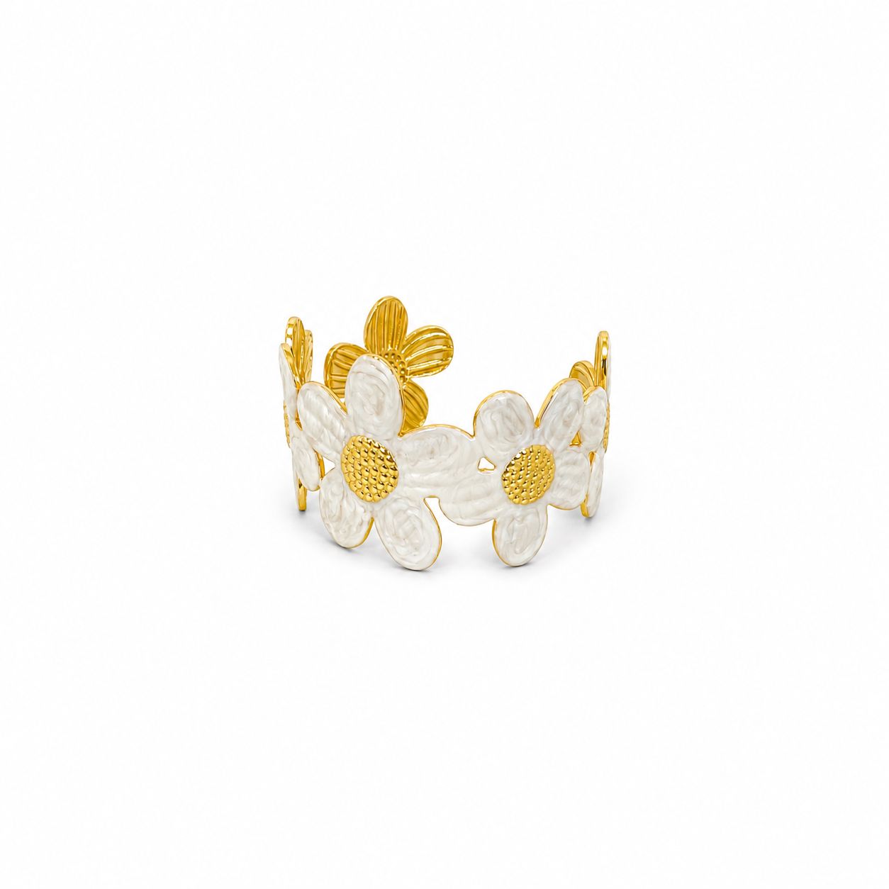 Peachy White Daisy Bangle Bracelet (Adjustable Size)