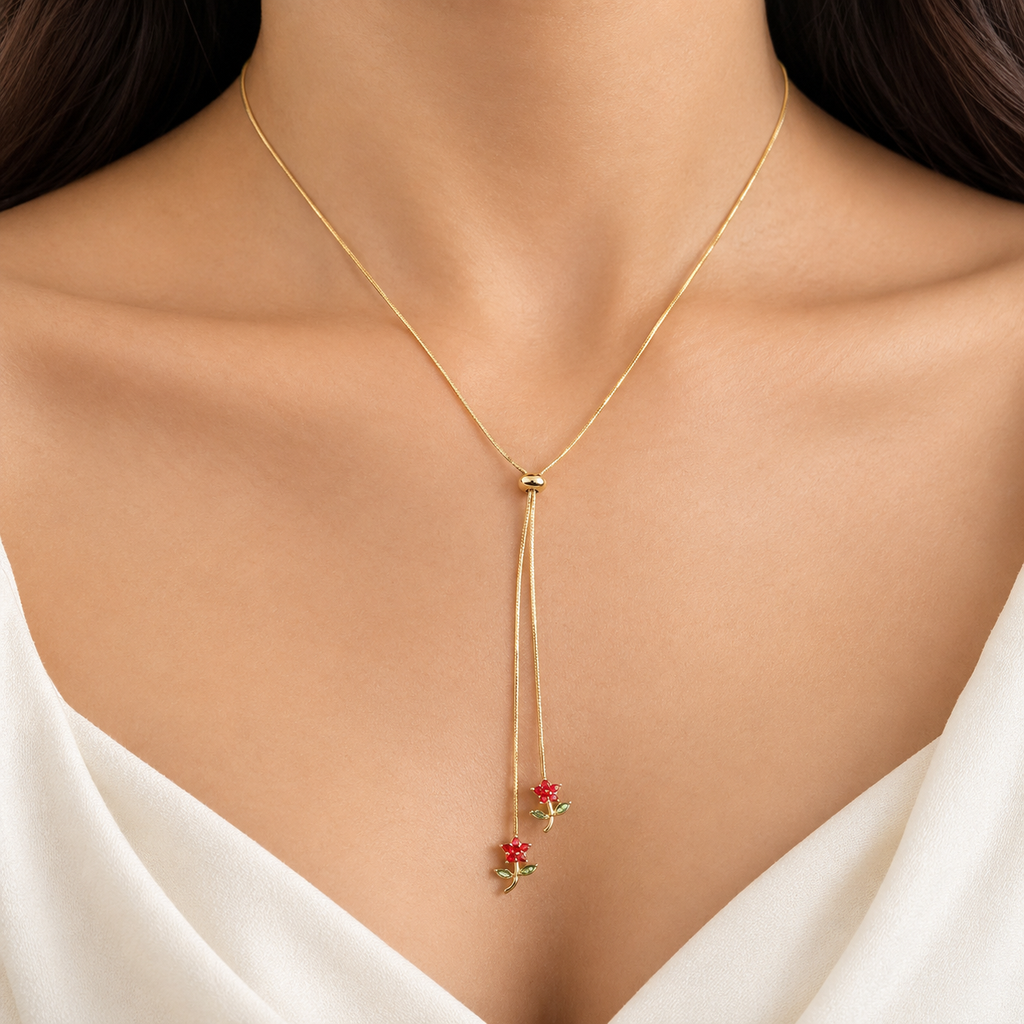 Red Flower Gold Necklace (Adjustable Size)