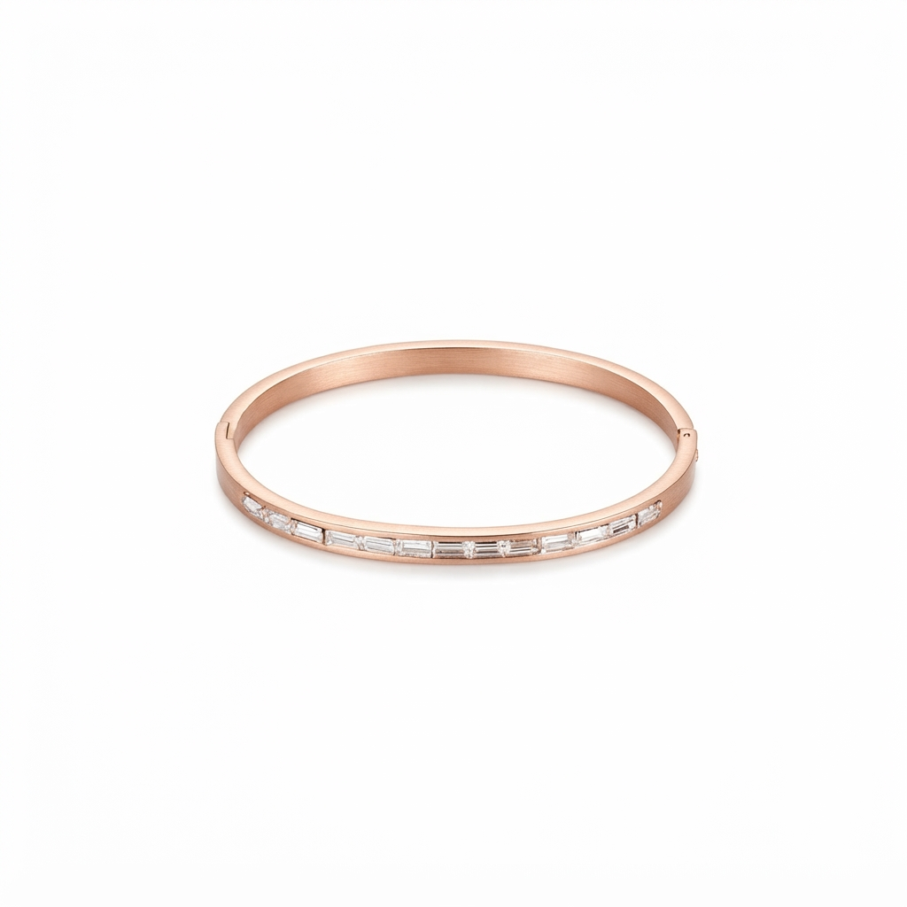 Crystal Stone Rose Gold Bangle Bracelet (Side Open)