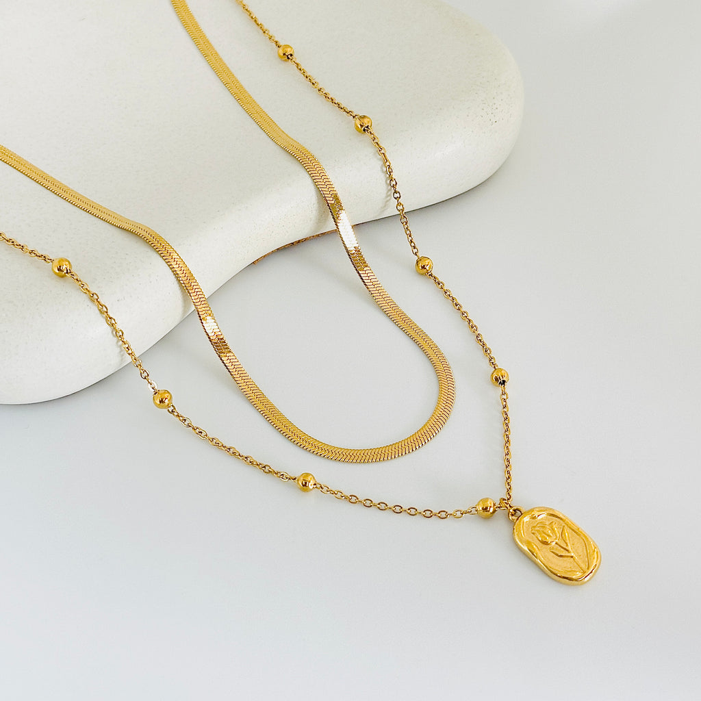 Rose Pendant Gold Layered Necklace