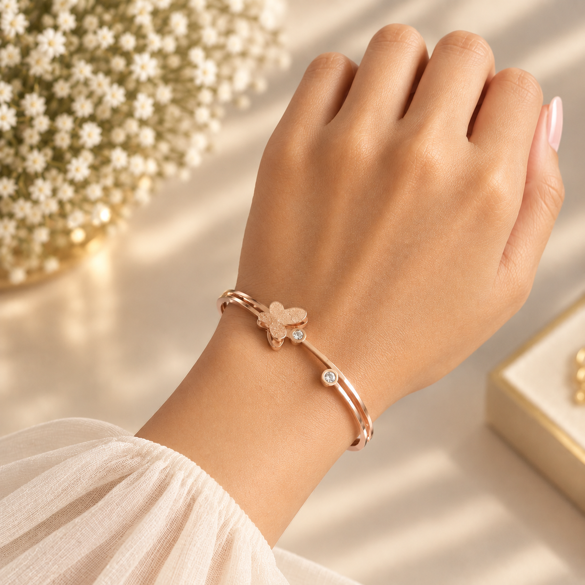 Butterfly Stone Rose Gold Bangle Bracelet (Side Open)