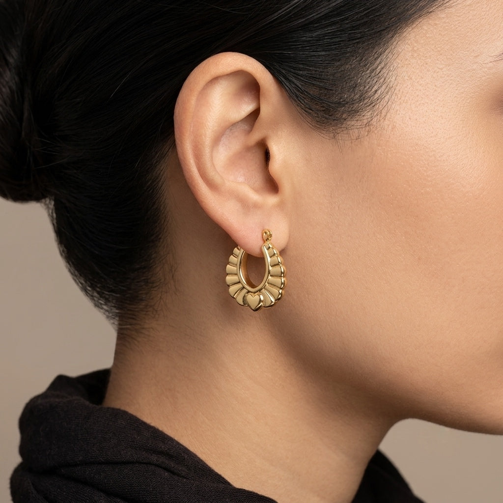 Ribbed Heart Gold Earrings