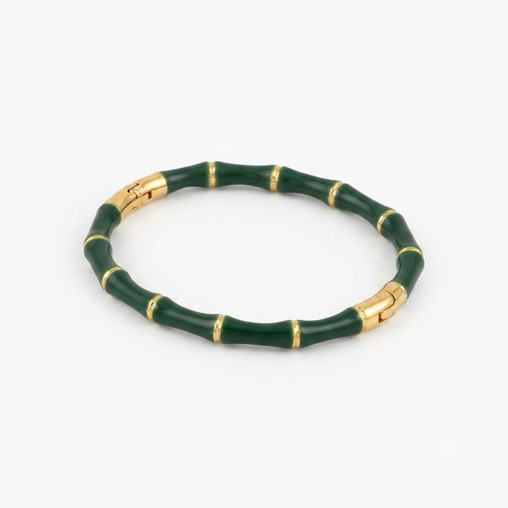 Green Bamboo Gold Bangle Bracelet (Side Open)