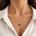 Green Solitaire Layered Gold Necklace