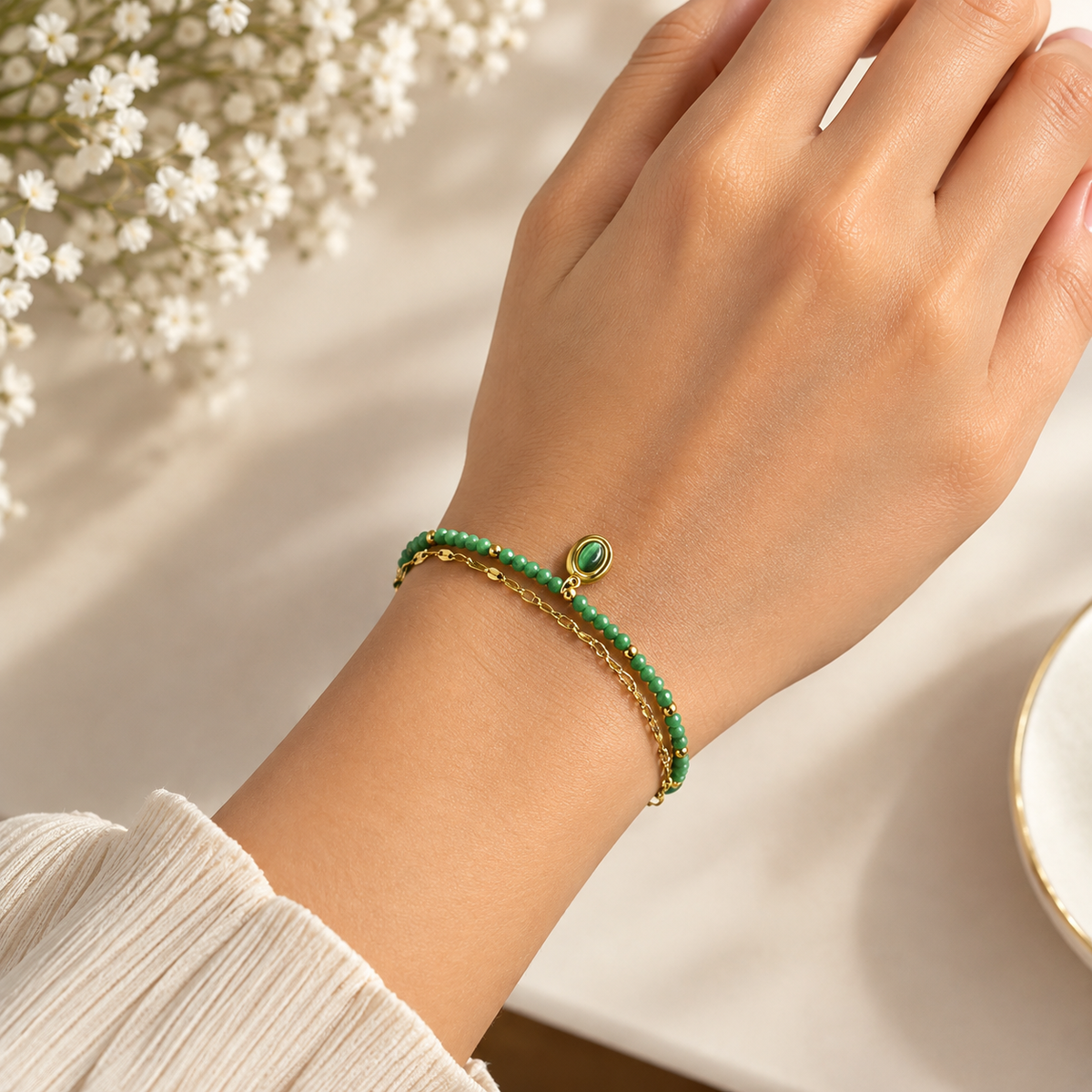 Green Charm Layered Gold Bracelet