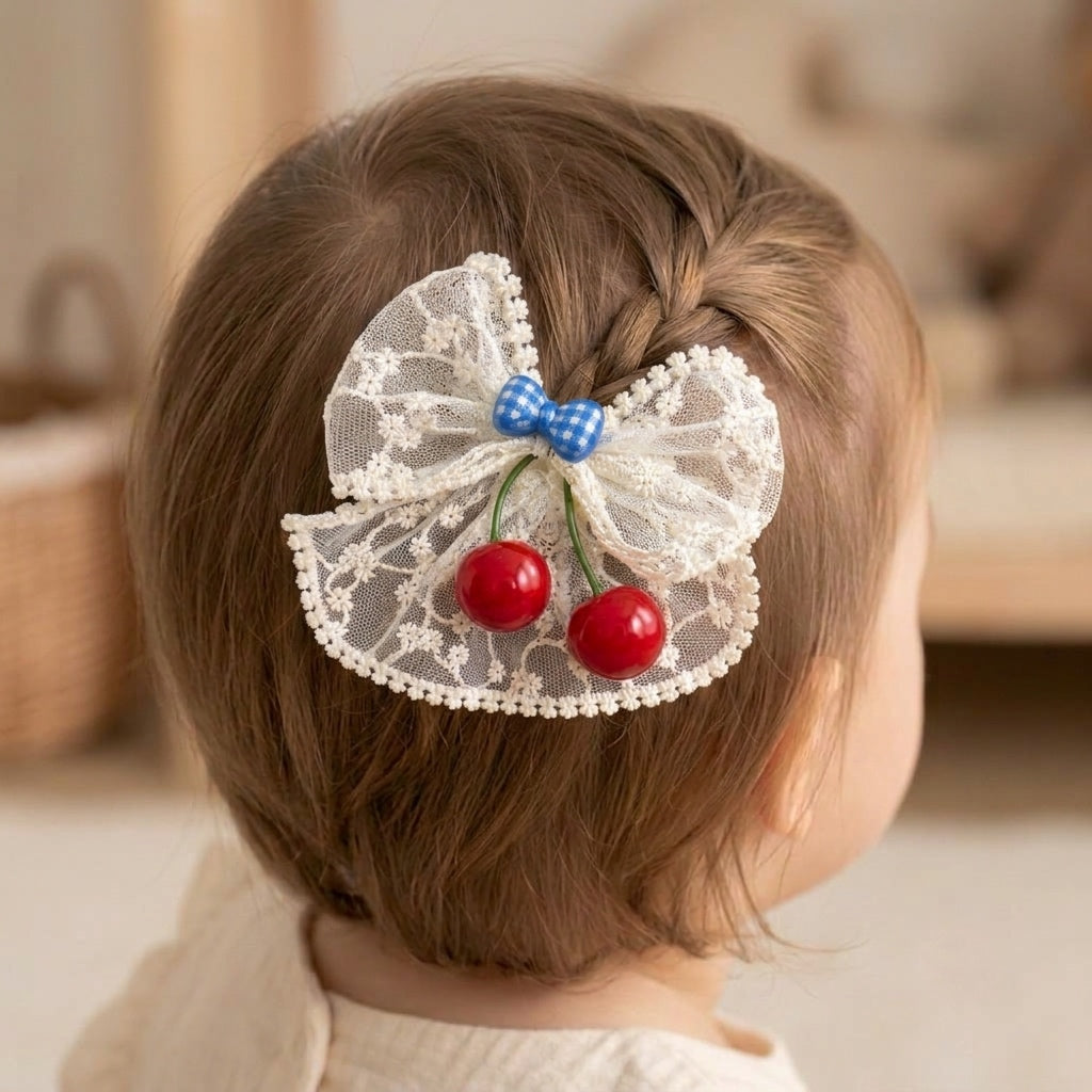 Blue Bow Cherry Charm Hair Clip