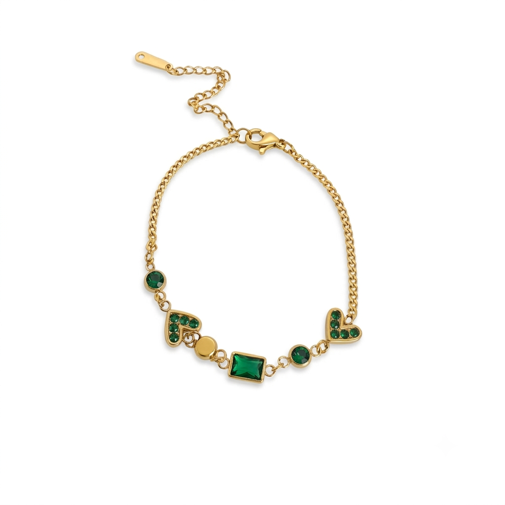 Green square and Heart Gold Bracelet