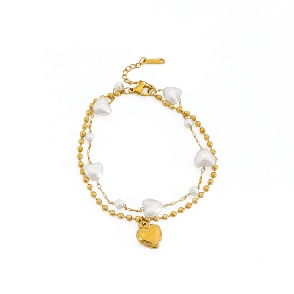 Pearl Heart layered Gold Bracelet
