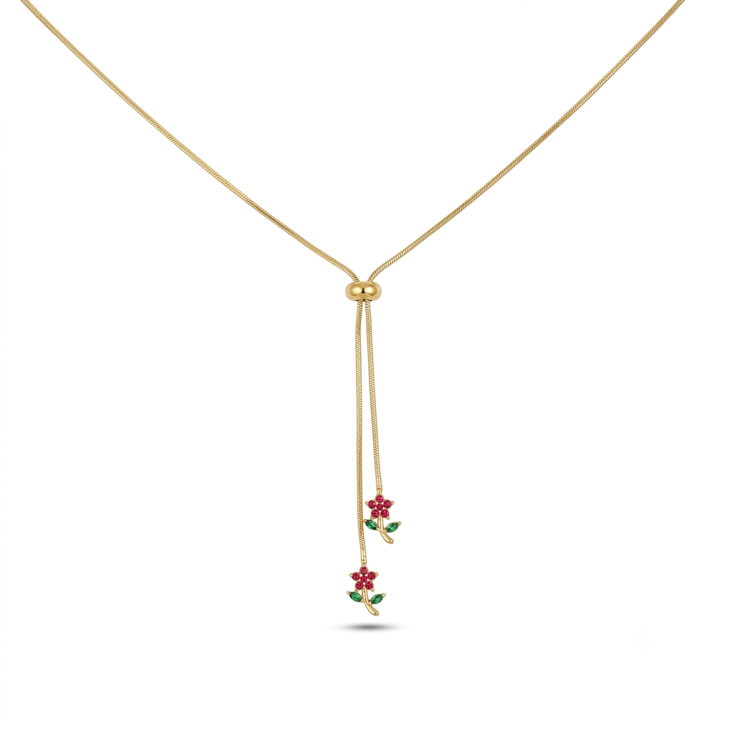 Red Flower Adjustable Gold Necklace