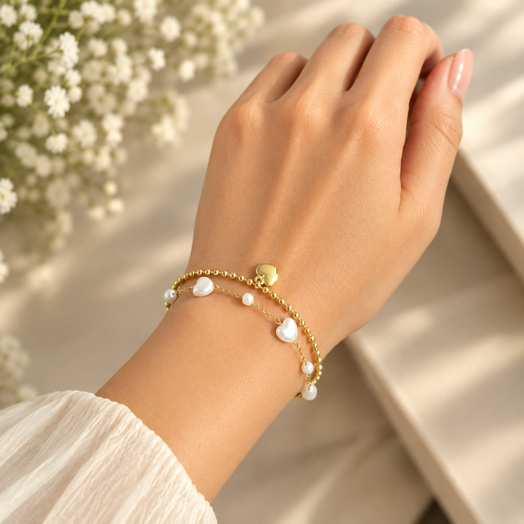 Pearl Heart Layered Gold Bracelet