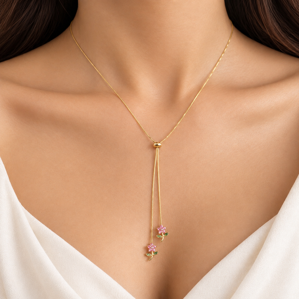 Pink Flower Gold Necklace (Adjustable Size)