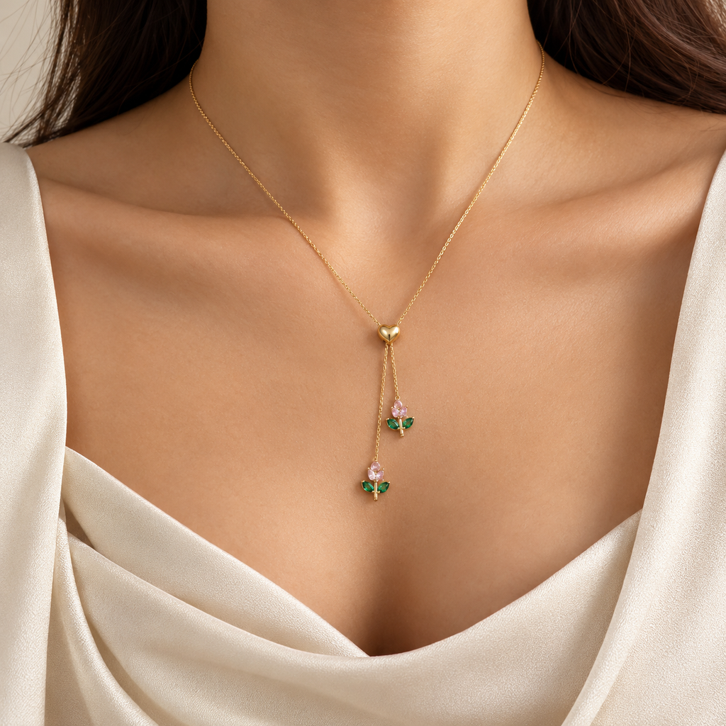 Pink Tulip Gold Necklace (Adjustable Size)
