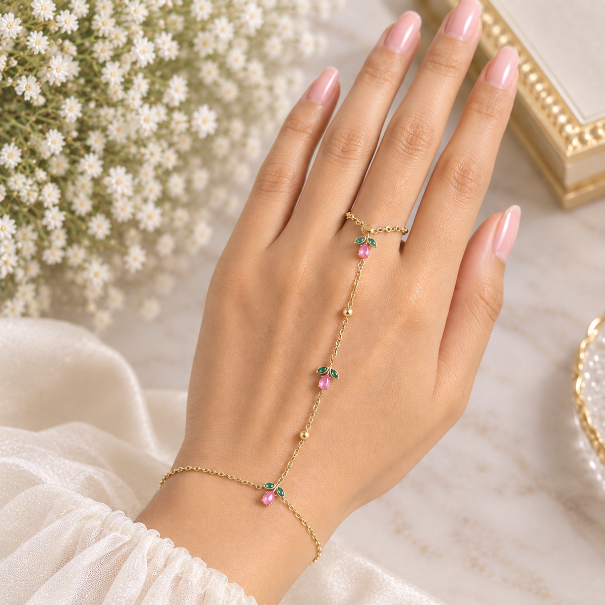 Pink Tulip Hand Chain (Ring With Bracelet)