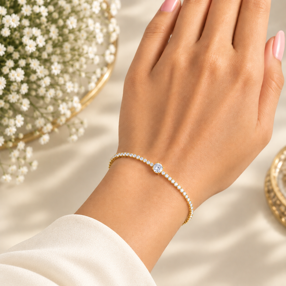 Crystal White Tennis Gold Bracelet