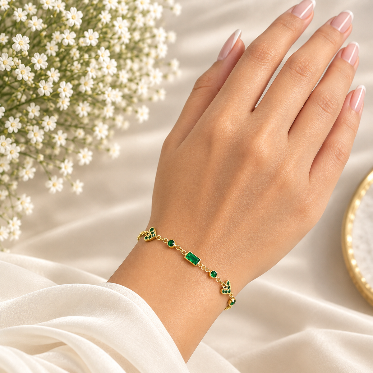 Green Square & Heart Gold Bracelet