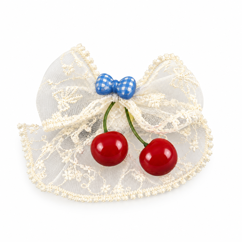 Blue Bow Cherry Charm Hair Clip