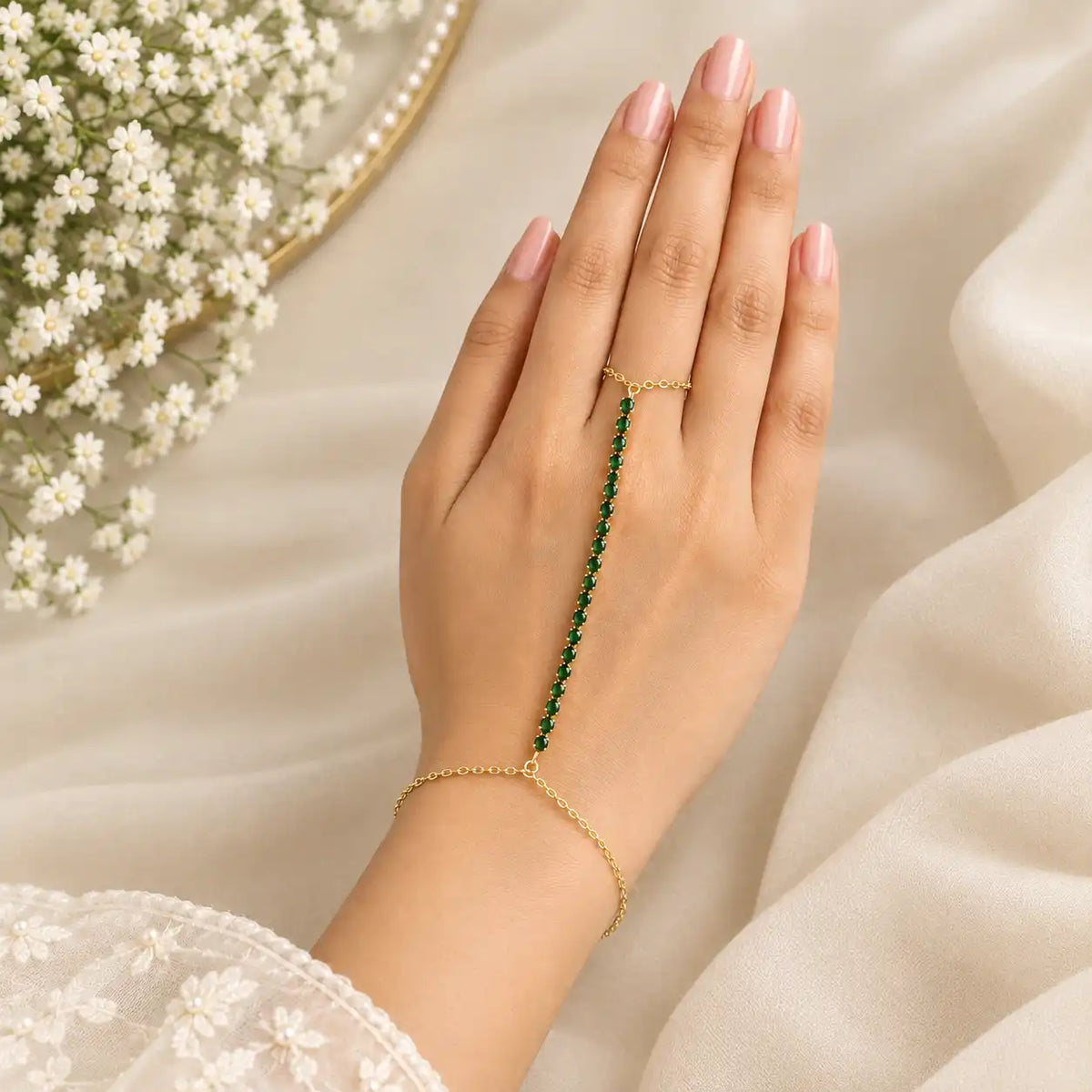 Green Tennis Hand Chain (Ring With Bracelet)