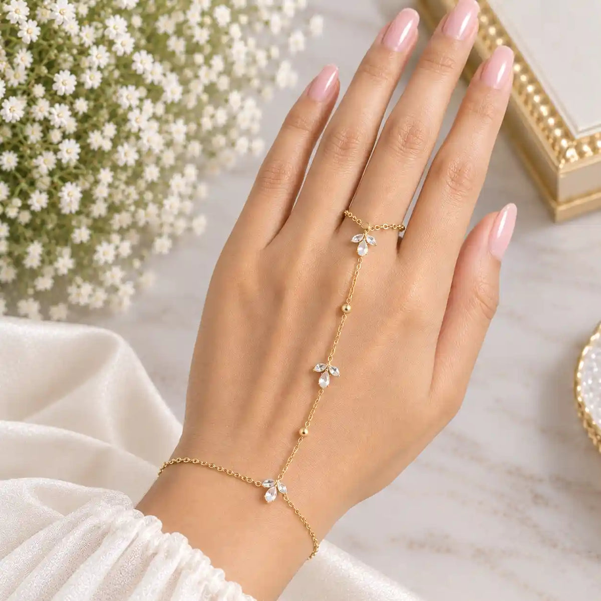 White Tulip Hand Chain (Ring With Bracelet)