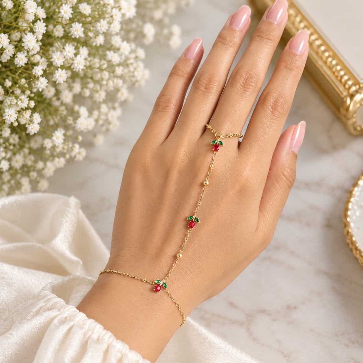 Red Tulip Hand Chain (Ring With Bracelet)