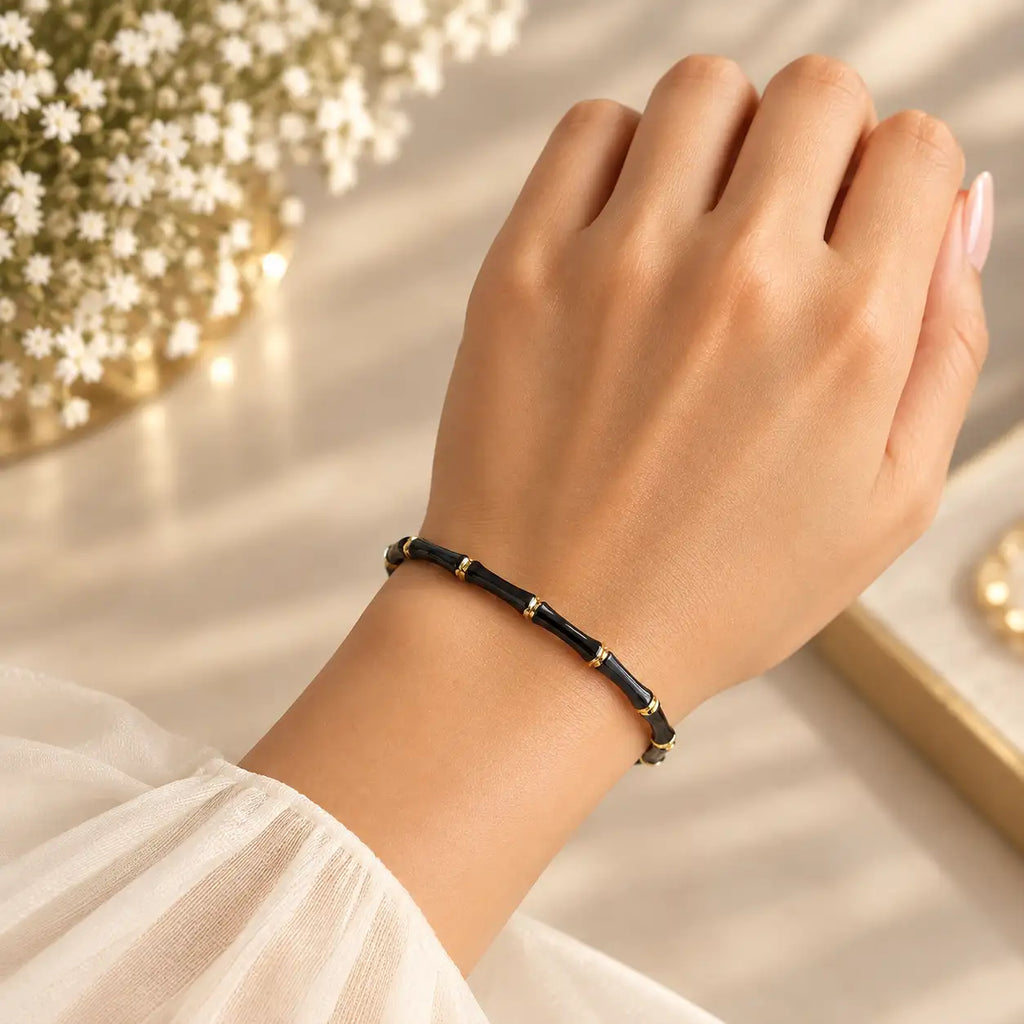 Black Bamboo Bangle Bracelet  (Side Open)