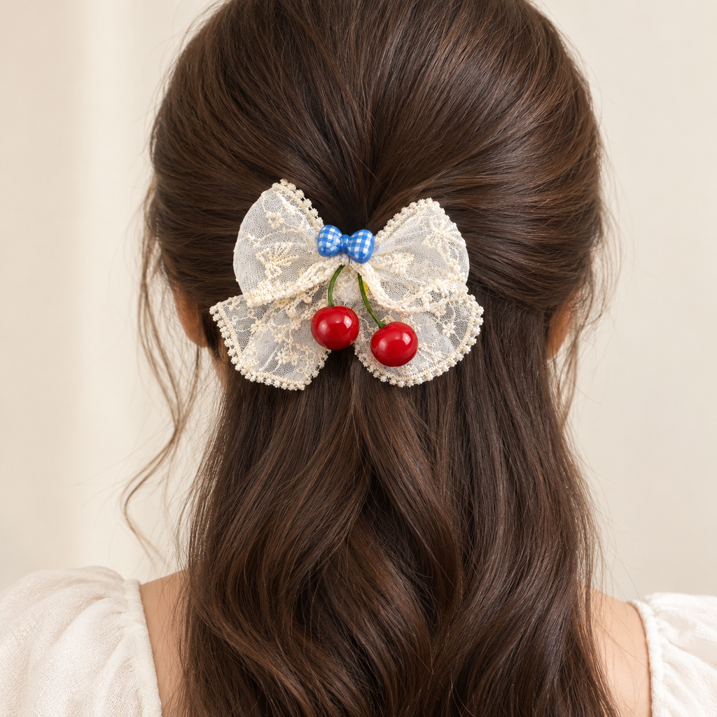 Blue Bow Cherry Charm Hair Clip
