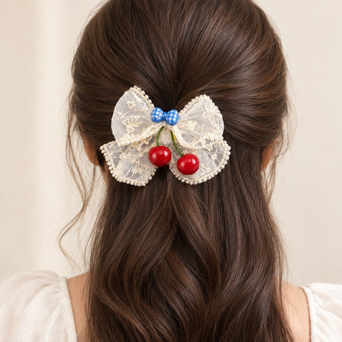 Blue Bow Cherry Charm Hair Clip