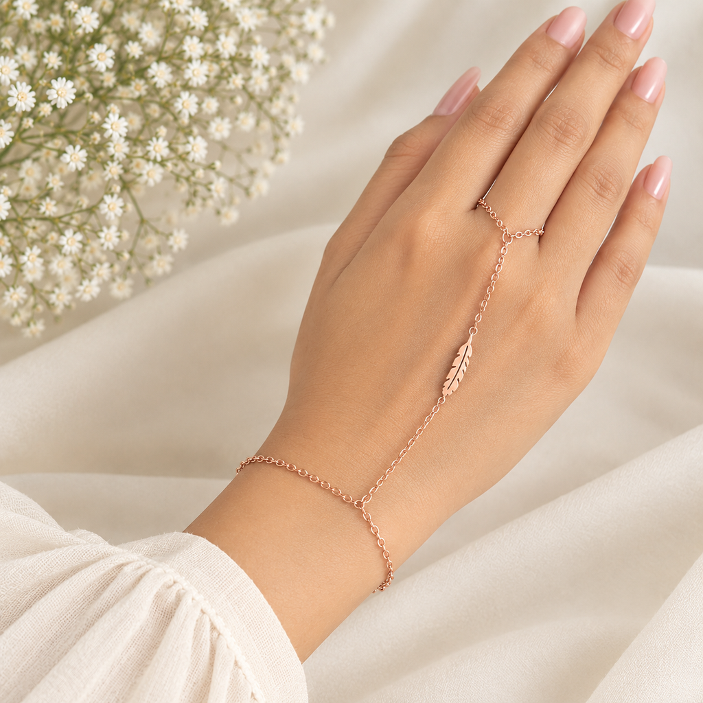 Feather Rose Gold Hand Chain (Bracelet With Ring)