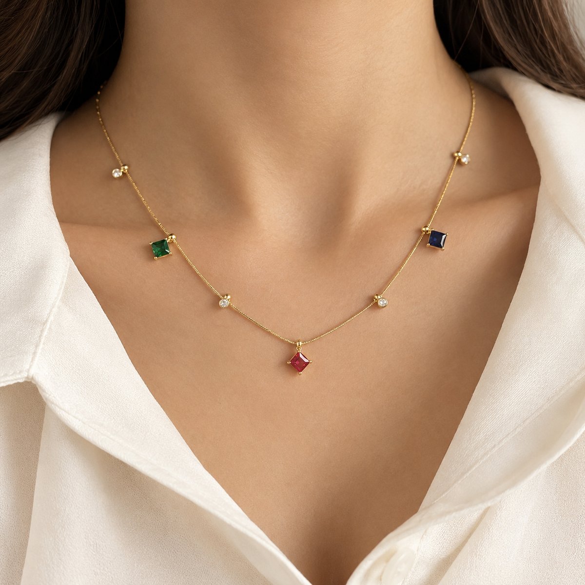Square Multi Stone Combo Set Earrings And Necklace