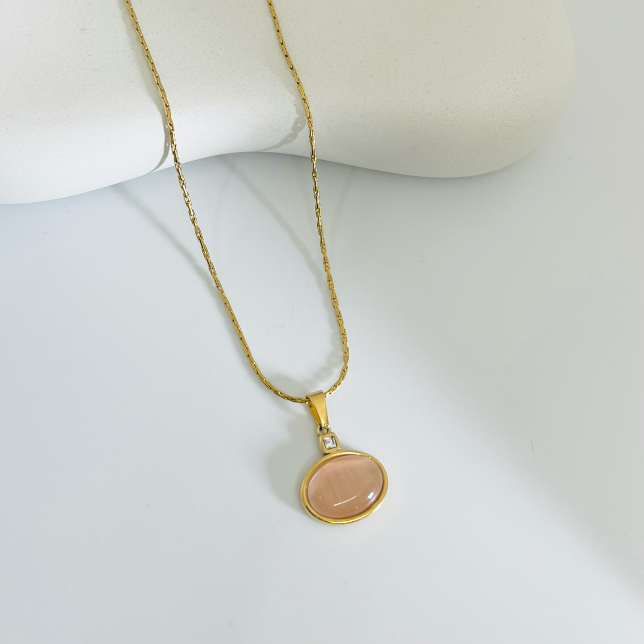 Dust Pink Oval Pendant Gold Necklace
