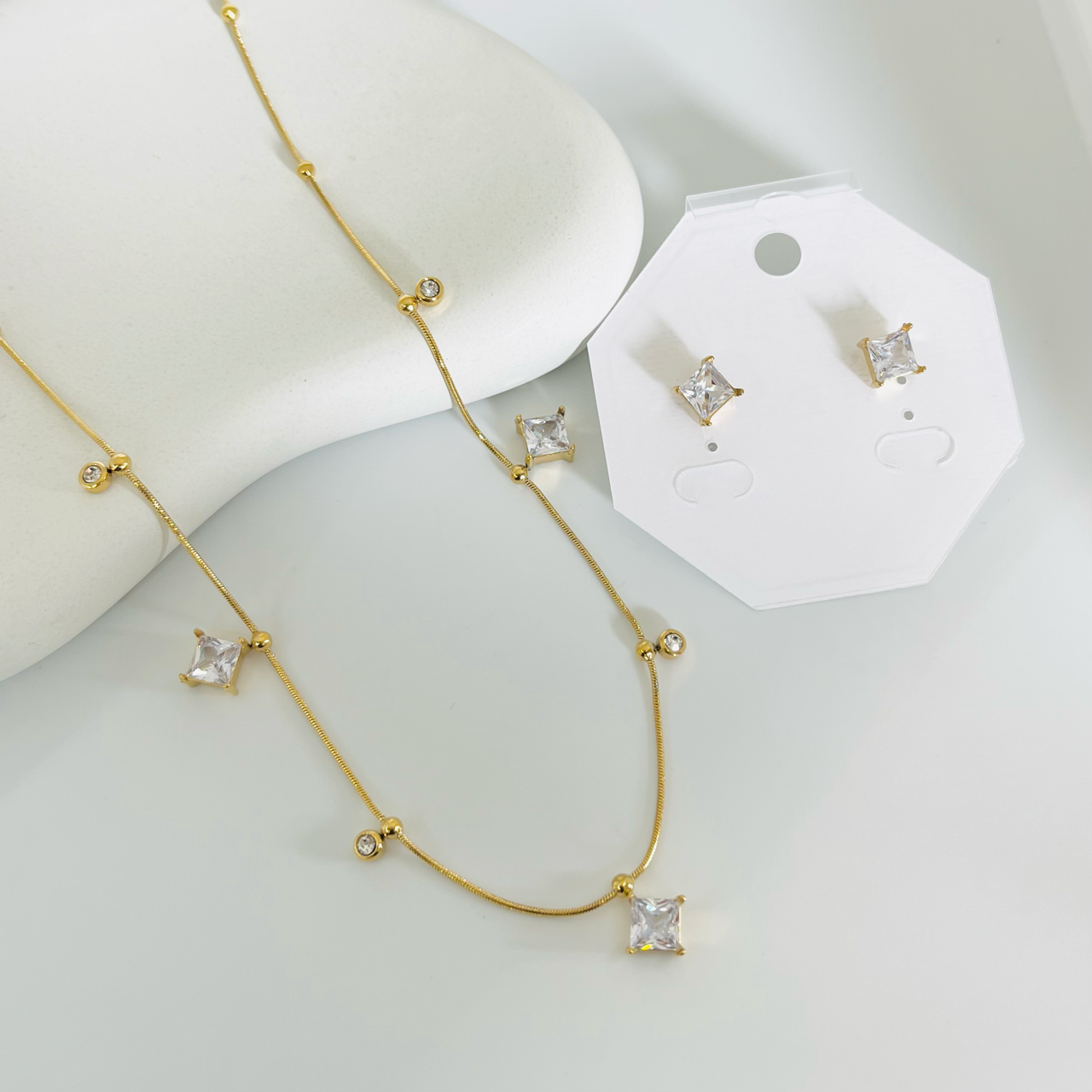 Square White Stone Combo Set Earings And Necklace