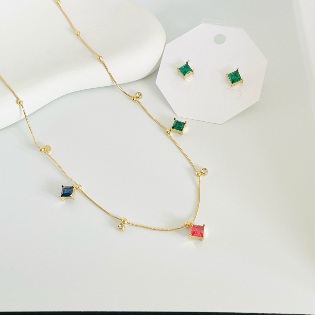 Square Multi Stone Combo Set Earing And Necklace