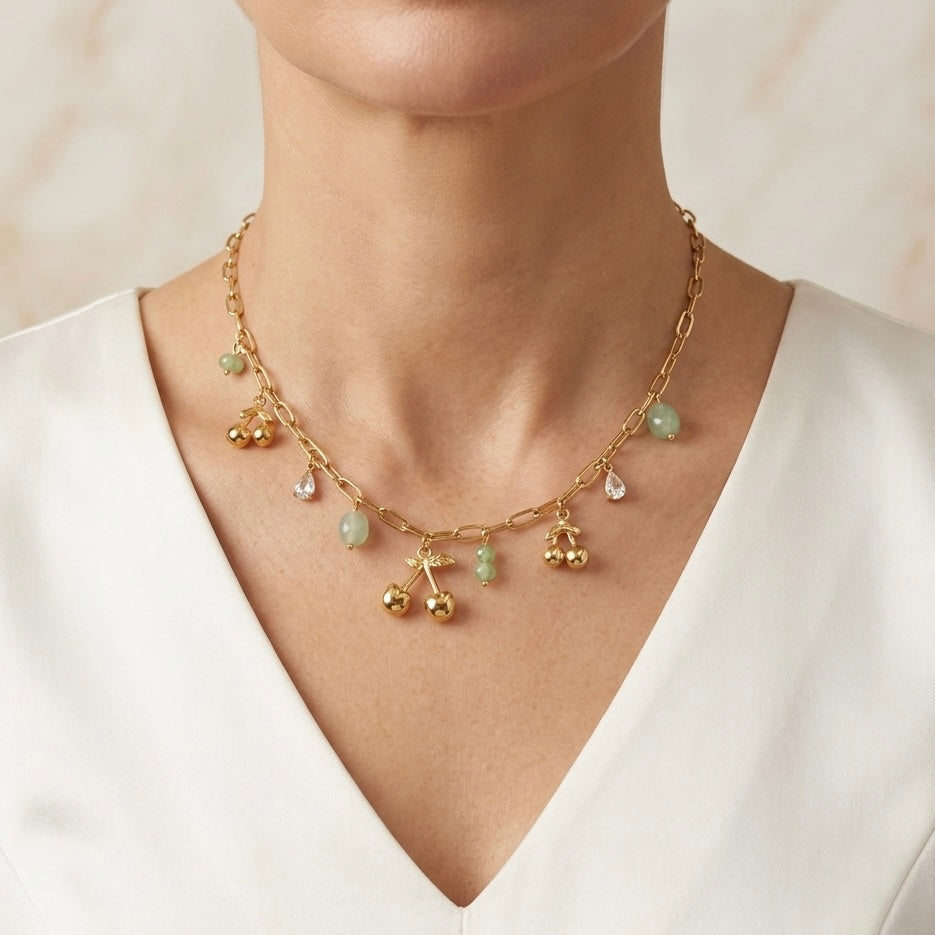Cherry Multi Green Pendant Gold Necklace