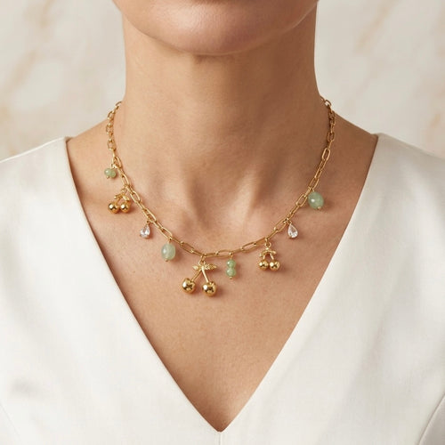 Cherry Multi Green Pendant Gold Necklace