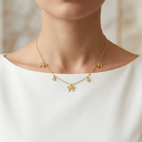 Bow Stone Multi Pendant Gold Necklace